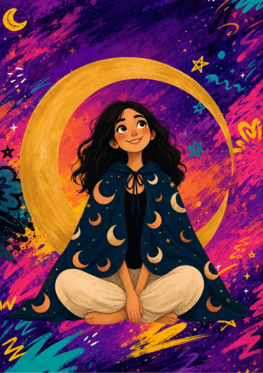 Jeune fille dans un croissant de lune, illustration du Cercle des 13 lunes